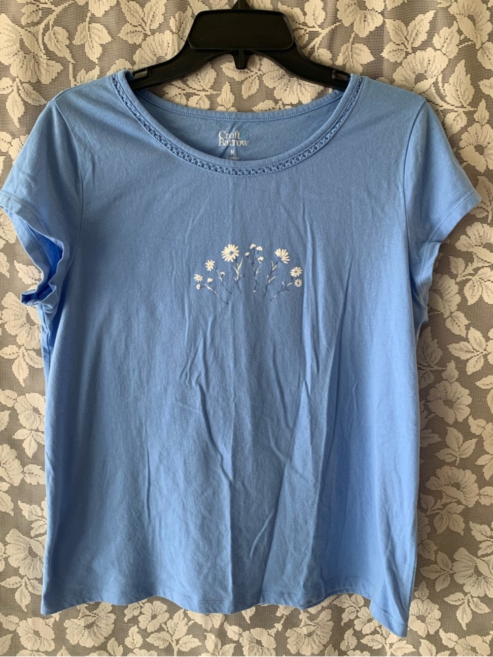 croft & barrow Blue Short-Sleeve Tee with White Daisy Embroidery